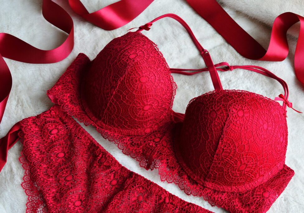 Stylish red undergarments on display
